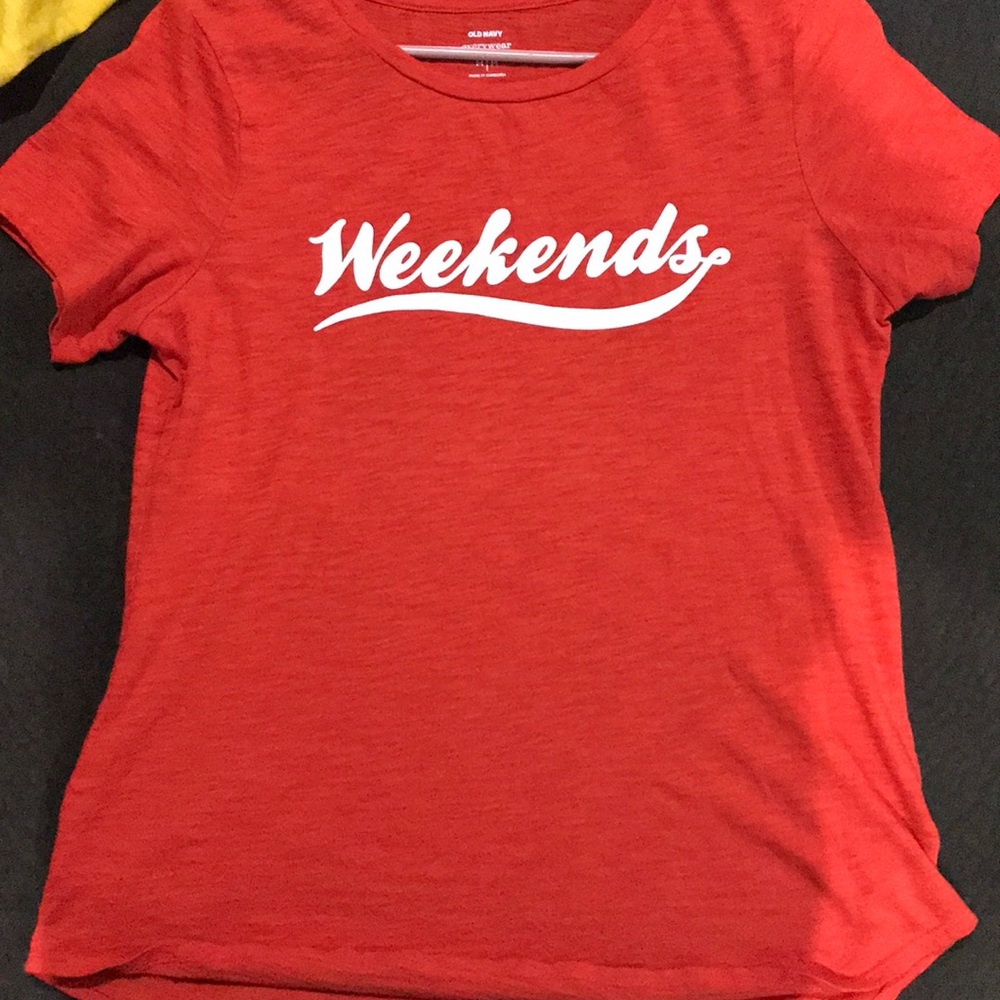bright red “weekends” shirt coca cola inspired.